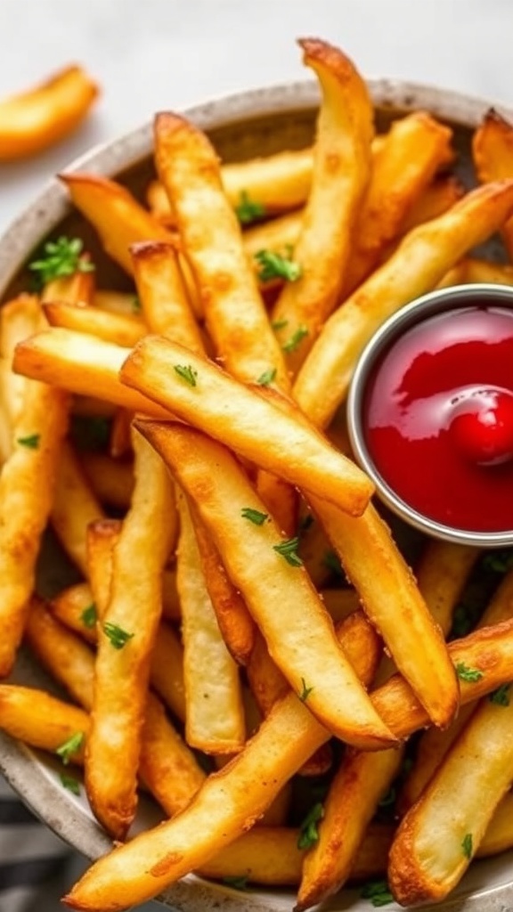 A delicious serving of homemade air fryer french fries with a side of ketchup.